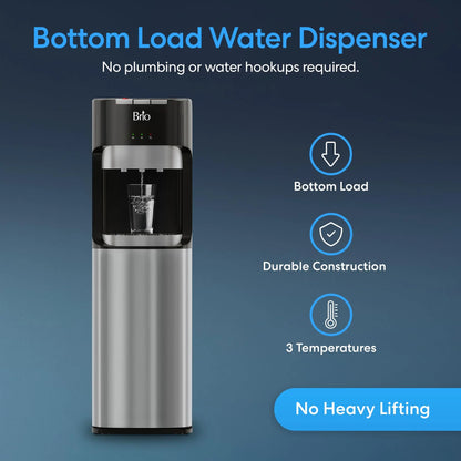Brio Bottom Loading Water Cooler Dispenser for 5 Gallon Bottles - 3 Temperatures with Hot, Room & Cold Spouts, Child Safety Lock, LED Display with Empty Bottle Alert, Stainless Steel Brio