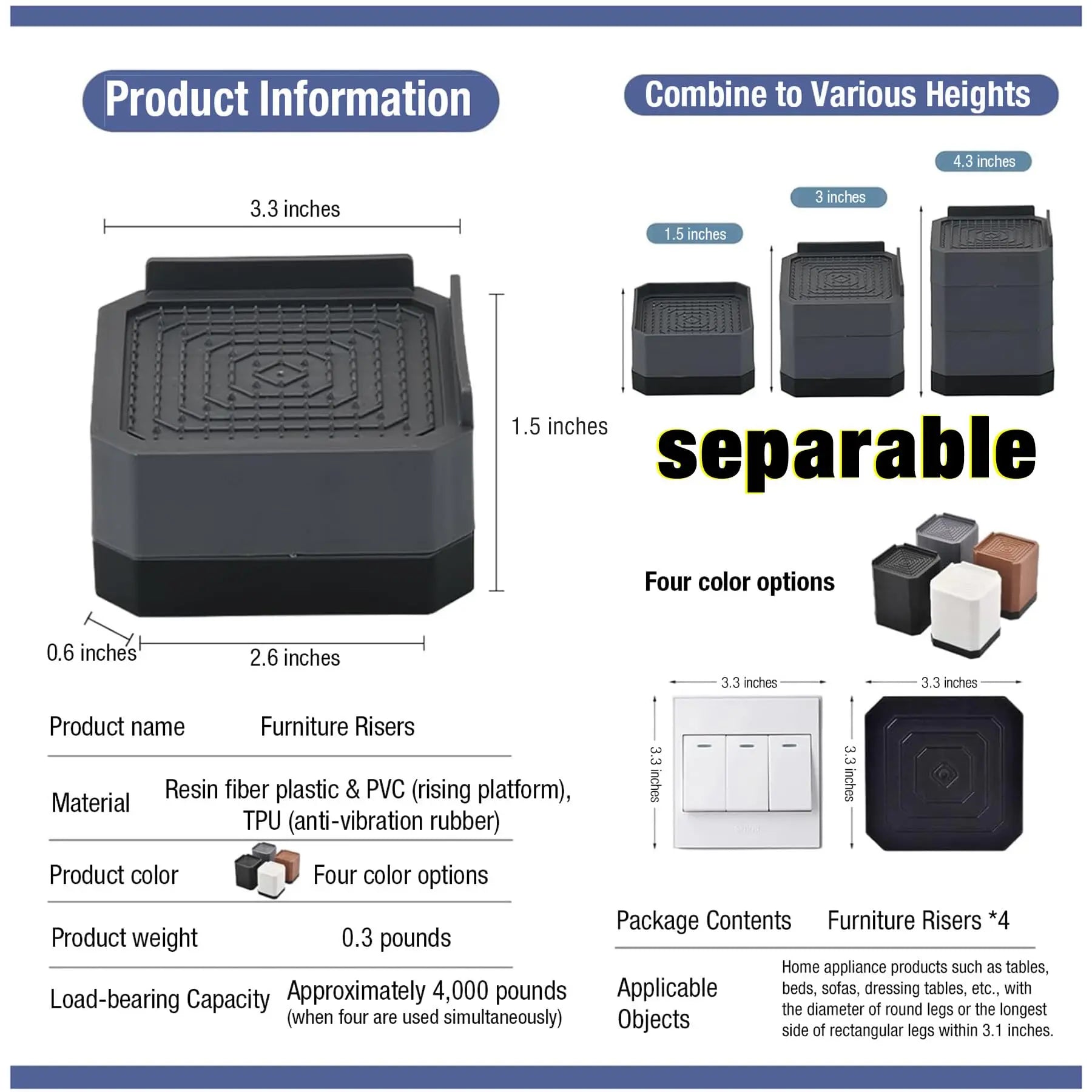 EclatBain Bed Risers Furniture Risers Heavy-Duty Rectangular Adjustable Block Lift to 3 inches and 4.3 inches Desk, Sofa, Chair Legs, Refrigerator, Washing Machine Support up to 4000 pounds EclatBain
