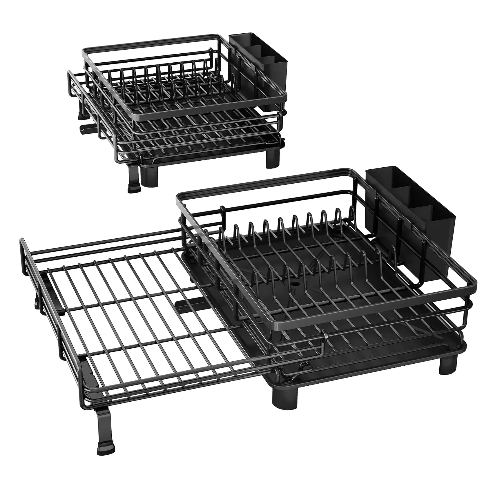 SNTD Dish Drying Rack - Extendable Dish Rack, Large Sink Drying Dish Drainer for Kitchen Counter, Stainless Steel Dish Strainer with Utensil Holder (Black) SNTD