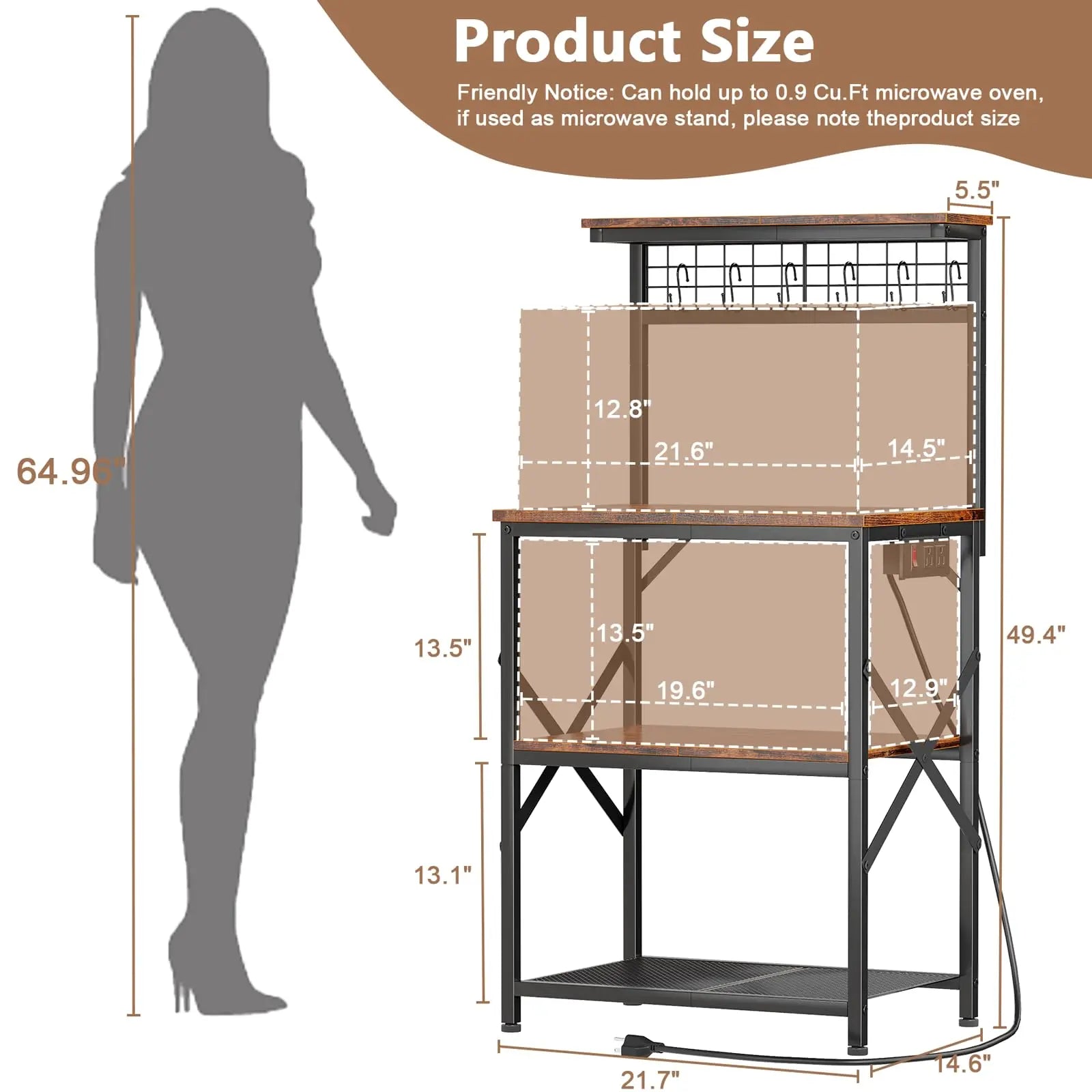 Furologee Kitchen Bakers Rack with Power Outlet, Microwave Oven Stand with Storage 4 Tiers, Coffee Bar Table with 6 S Hooks, Kitchen Storage Shelf Rack for Spices, Pots, Rustic Brown Furologee