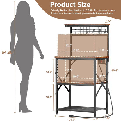 Furologee Kitchen Bakers Rack with Power Outlet, Microwave Oven Stand with Storage 4 Tiers, Coffee Bar Table with 6 S Hooks, Kitchen Storage Shelf Rack for Spices, Pots, Rustic Brown Furologee