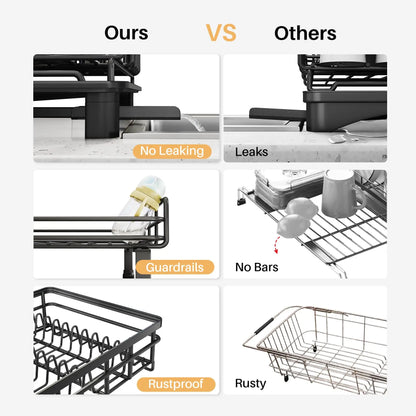 SNTD Dish Drying Rack - Extendable Dish Rack, Large Sink Drying Dish Drainer for Kitchen Counter, Stainless Steel Dish Strainer with Utensil Holder (Black) SNTD