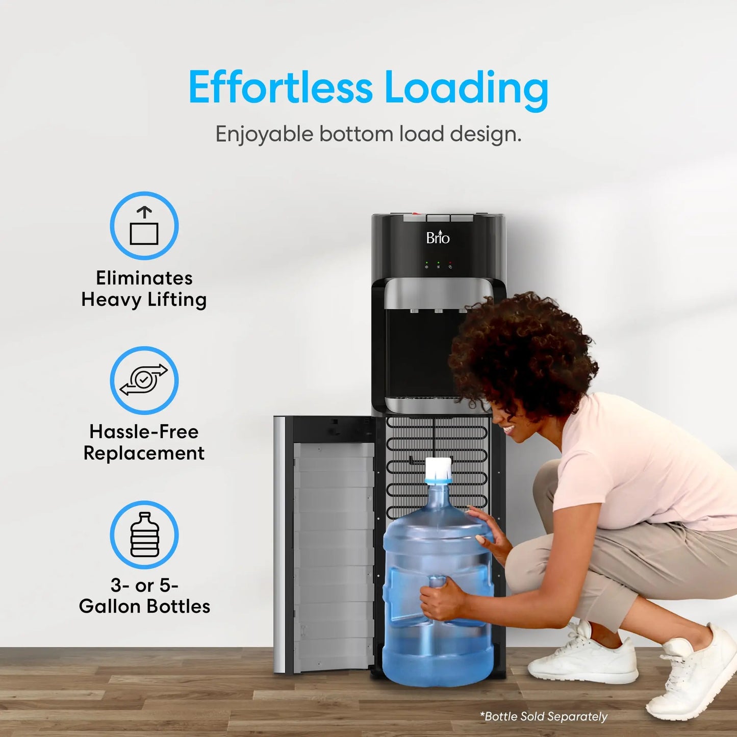 Brio Bottom Loading Water Cooler Dispenser for 5 Gallon Bottles - 3 Temperatures with Hot, Room & Cold Spouts, Child Safety Lock, LED Display with Empty Bottle Alert, Stainless Steel Brio
