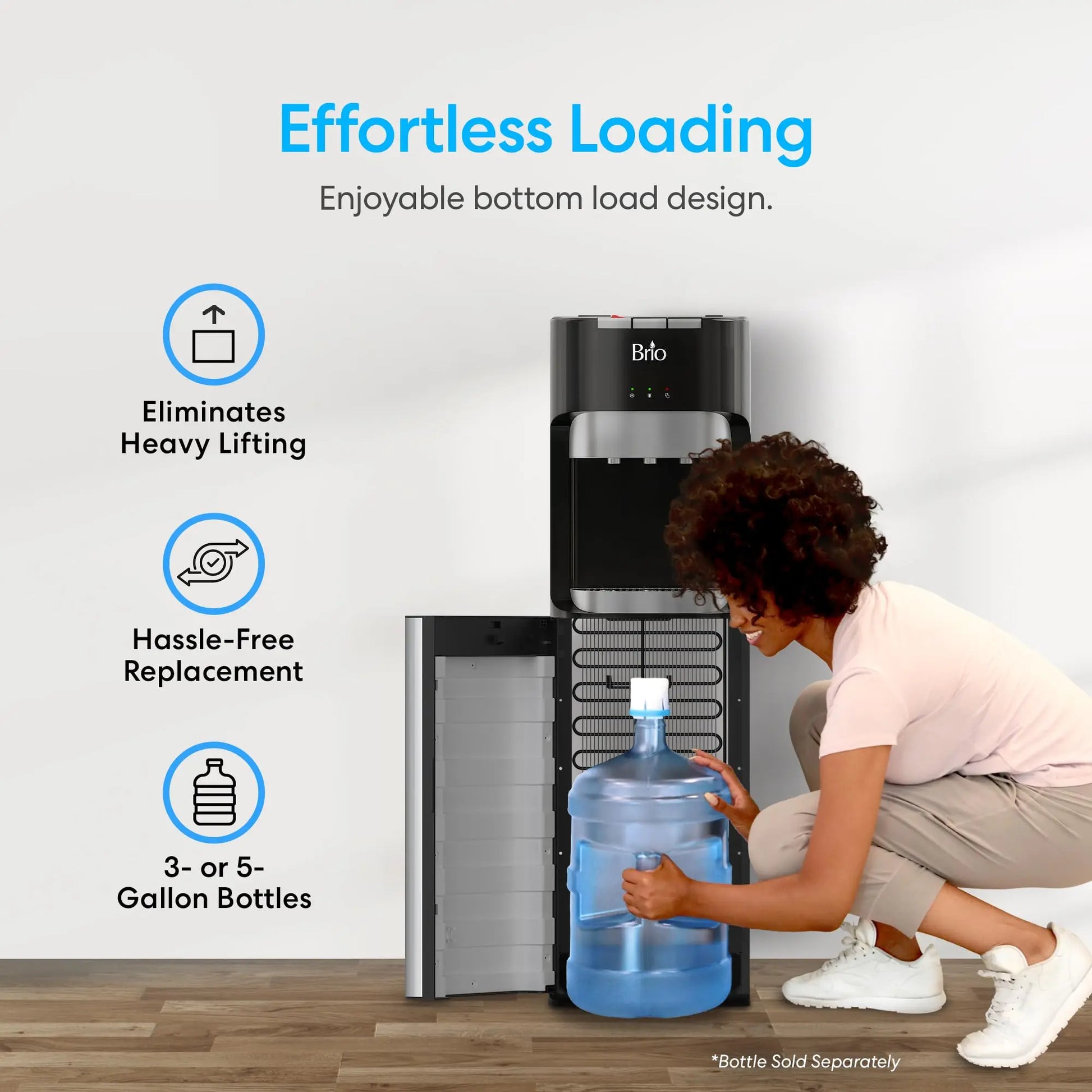 Brio Bottom Loading Water Cooler Dispenser for 5 Gallon Bottles - 3 Temperatures with Hot, Room & Cold Spouts, Child Safety Lock, LED Display with Empty Bottle Alert, Stainless Steel Brio