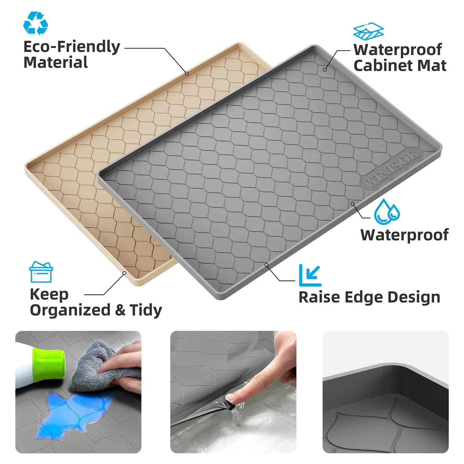 Winisok Silicone Under Sink Mat 34" x 22", kitchen Essentials and Gadgets, Shelf liner and Cabinet Protector, Home Organizers and Storage, Waterproof Bathroom Tray Winisok