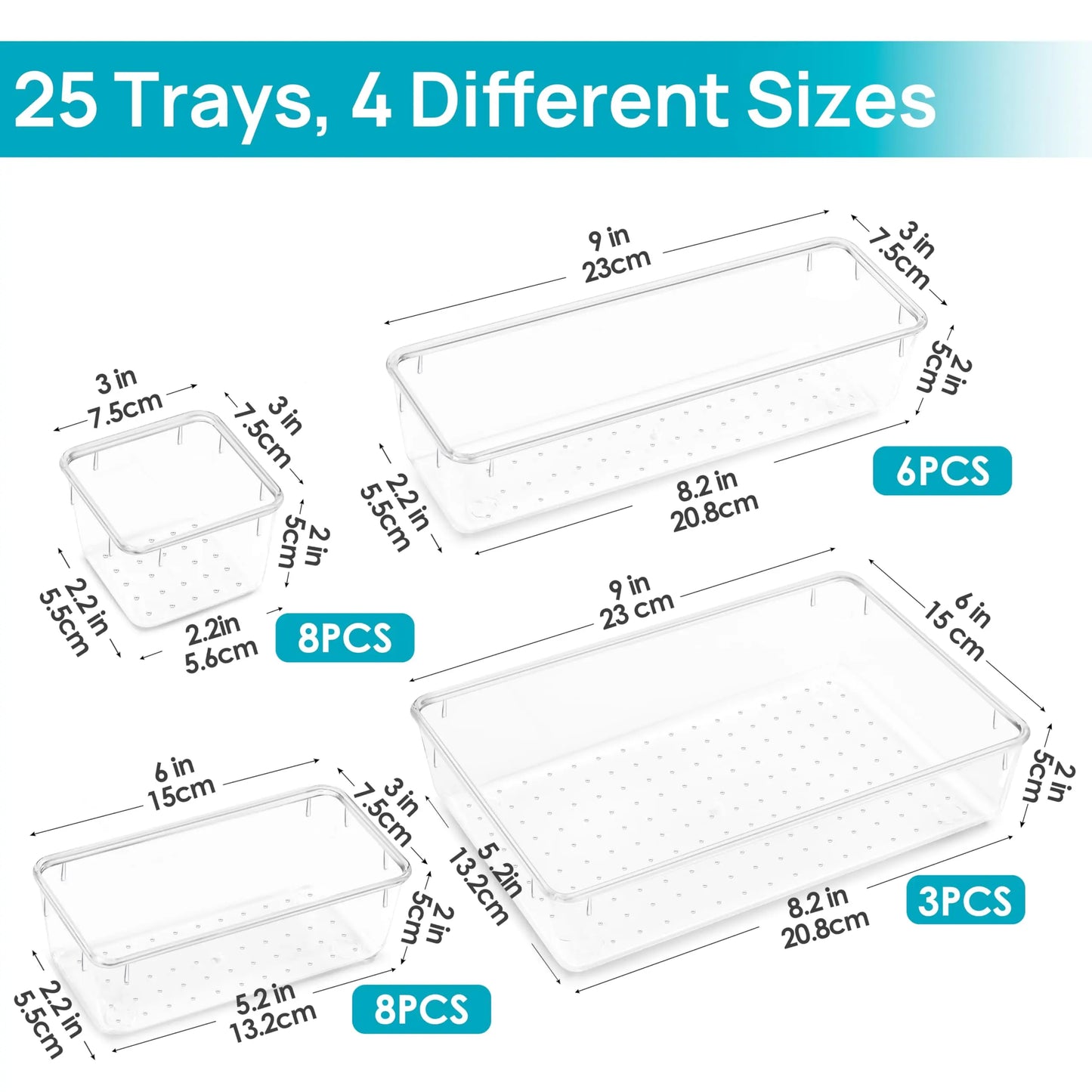 Vtopmart 25 PCS Clear Plastic Drawer Organizers Set, 4-Size Versatile Bathroom and Vanity Drawer Organizer Trays, Storage Bins for Makeup, Bedroom, Kitchen Gadgets Utensils and Office Vtopmart