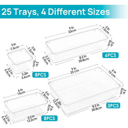 Vtopmart 25 PCS Clear Plastic Drawer Organizers Set, 4-Size Versatile Bathroom and Vanity Drawer Organizer Trays, Storage Bins for Makeup, Bedroom, Kitchen Gadgets Utensils and Office Vtopmart