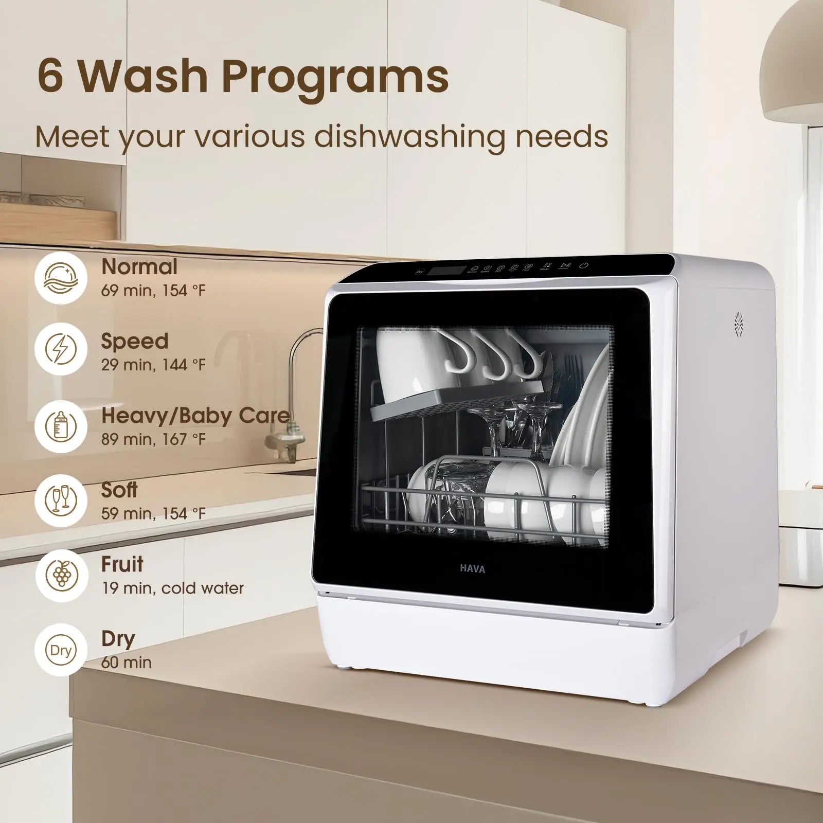 HAVA Countertop Dishwasher, 6 Programs Portable Dishwashers with 5L Built-in Water Tank, No Hookup Needed, Baby Care & Air-Drying Function for Apartments and RVs HAVA
