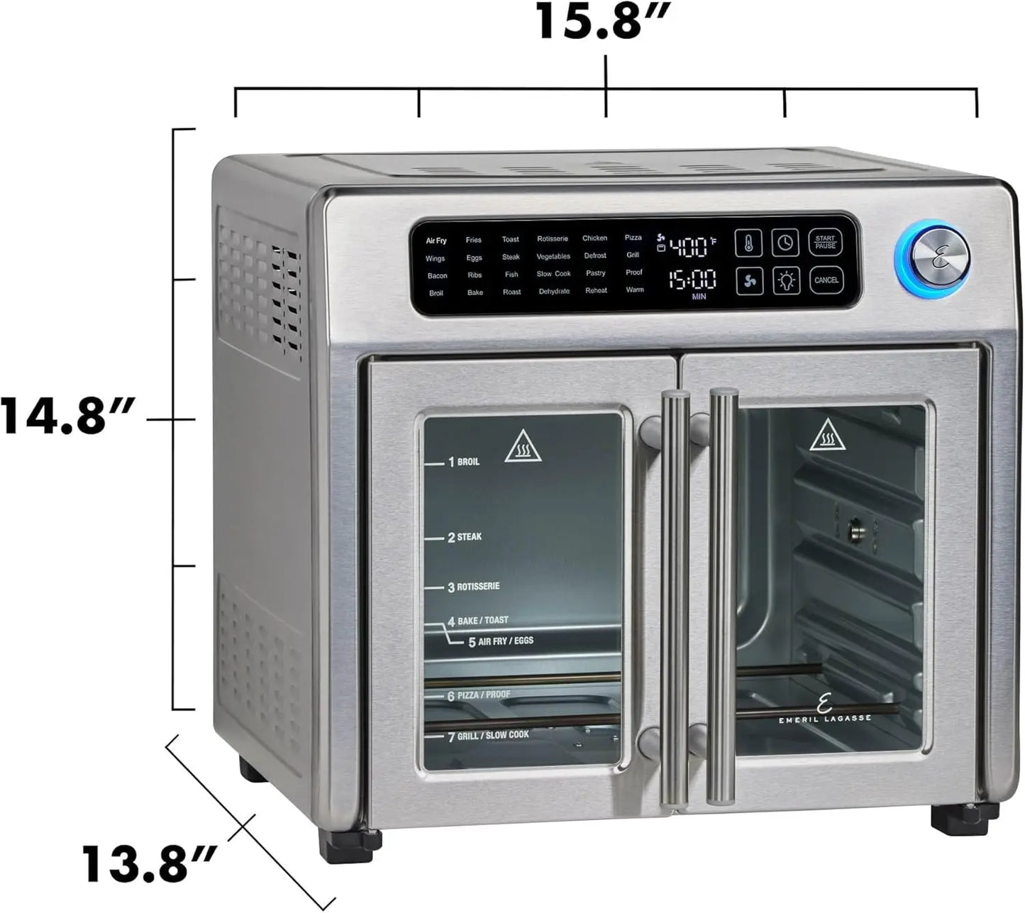 Emeril Lagasse Extra Large French Door Air Fryer Toaster Oven Combo, 24 Cooking Functions and Digital Controls, 7 Accessories Included, Stainless Steel Finish, 26QT Capacity Emeril Lagasse
