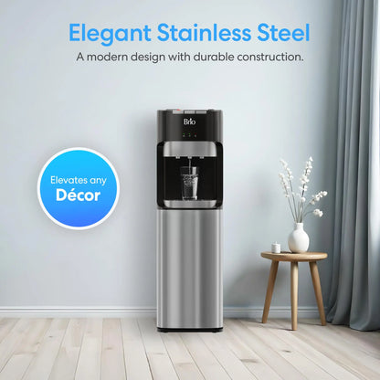 Brio Bottom Loading Water Cooler Dispenser for 5 Gallon Bottles - 3 Temperatures with Hot, Room & Cold Spouts, Child Safety Lock, LED Display with Empty Bottle Alert, Stainless Steel Brio