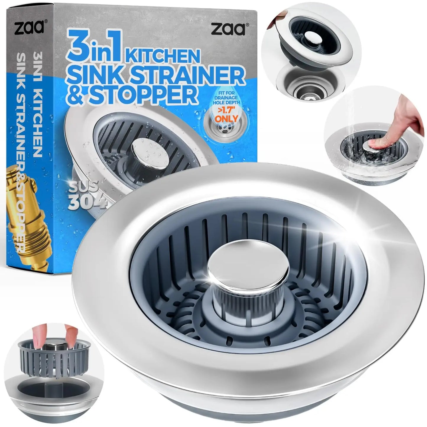 Sink Drain Strainer - Sink Stopper Kitchen Drain, 3 in 1 Kitchen Sink Drain Strainer with Anti-Clogging Basket, Kitchen Gadgets Clearance Sink Accessories, Fit US Standard 3-1/2'' Sink Hole, Silver zaa