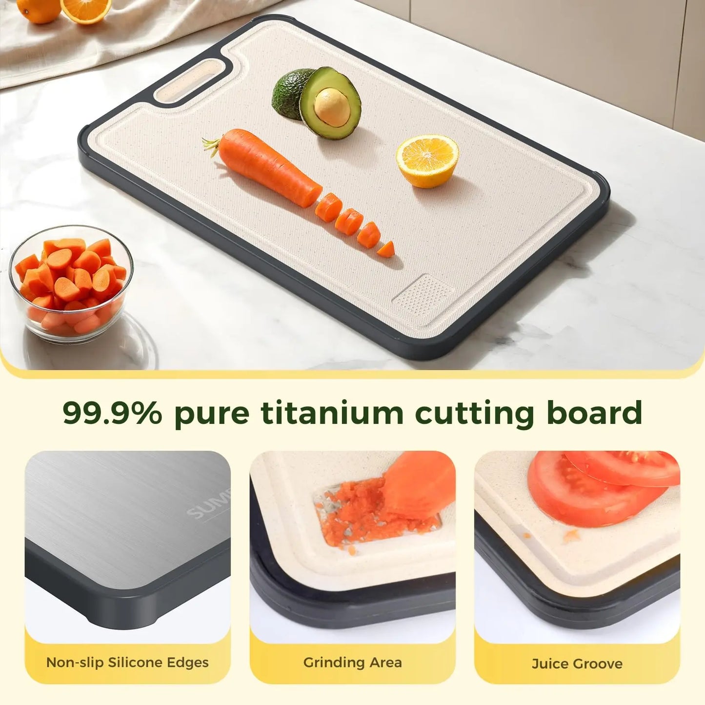 Titanium Cutting Board for Kitchen, Cutting Board Double Sided Food Grade, Pure Titanium/PP, Easy to Clean Large Size 16”×11” Sumzzz