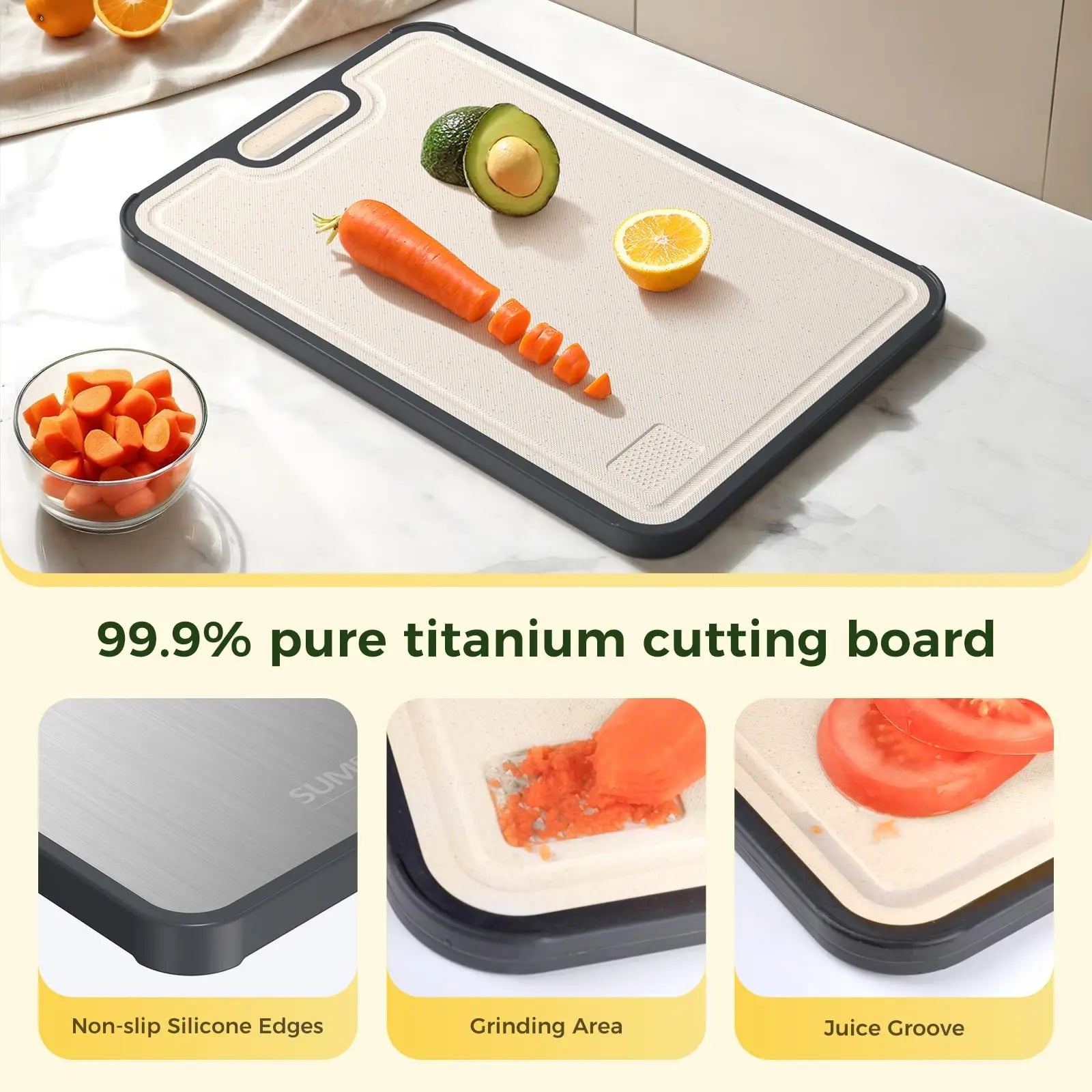 Titanium Cutting Board for Kitchen, Cutting Board Double Sided Food Grade, Pure Titanium/PP, Easy to Clean Large Size 16”×11” Sumzzz