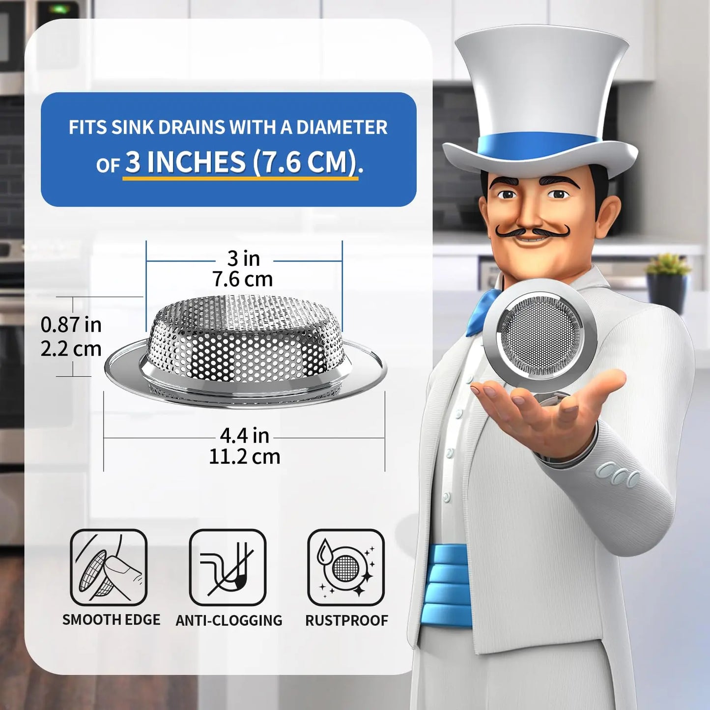 MR.SIGA Kitchen Sink Strainer, Stainless Steel Sink Drain Strainer, Dishwasher Safe, Outer Diameter 4.4 inch/11.2cm, Inner Diameter 3 inch/7.6cm, Pack of 3 MR.SIGA