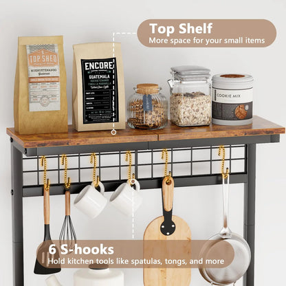 Furologee Kitchen Bakers Rack with Power Outlet, Microwave Oven Stand with Storage 4 Tiers, Coffee Bar Table with 6 S Hooks, Kitchen Storage Shelf Rack for Spices, Pots, Rustic Brown Furologee