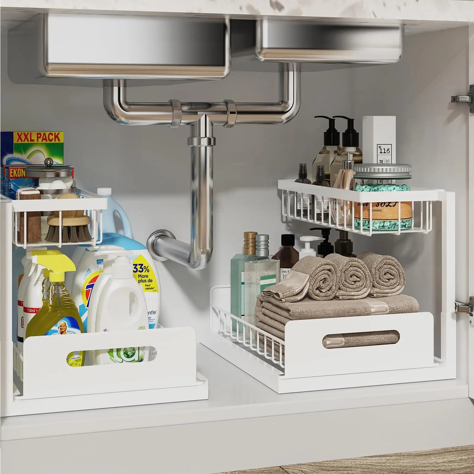 REALINN Under Sink Organizer, Pull Out Cabinet Organizer 2 Tier Slide Out Sink Shelf Cabinet Storage Shelves, Storage for Kitchen Bathroom, White, 2 Pack REALINN