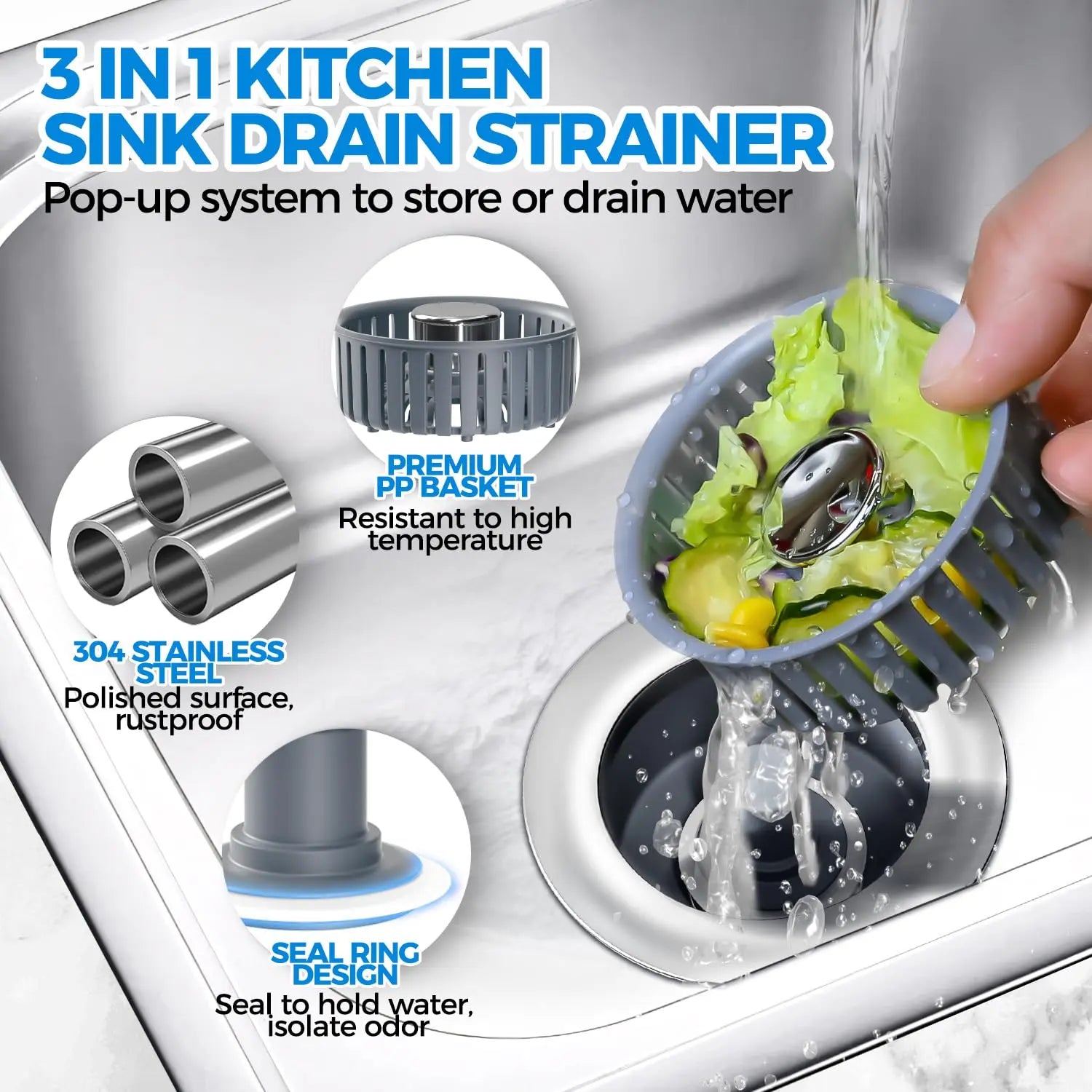 Sink Drain Strainer - Sink Stopper Kitchen Drain, 3 in 1 Kitchen Sink Drain Strainer with Anti-Clogging Basket, Kitchen Gadgets Clearance Sink Accessories, Fit US Standard 3-1/2'' Sink Hole, Silver zaa