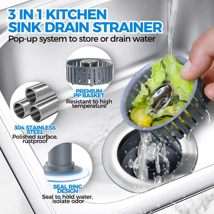 Sink Drain Strainer - Sink Stopper Kitchen Drain, 3 in 1 Kitchen Sink Drain Strainer with Anti-Clogging Basket, Kitchen Gadgets Clearance Sink Accessories, Fit US Standard 3-1/2'' Sink Hole, Silver zaa