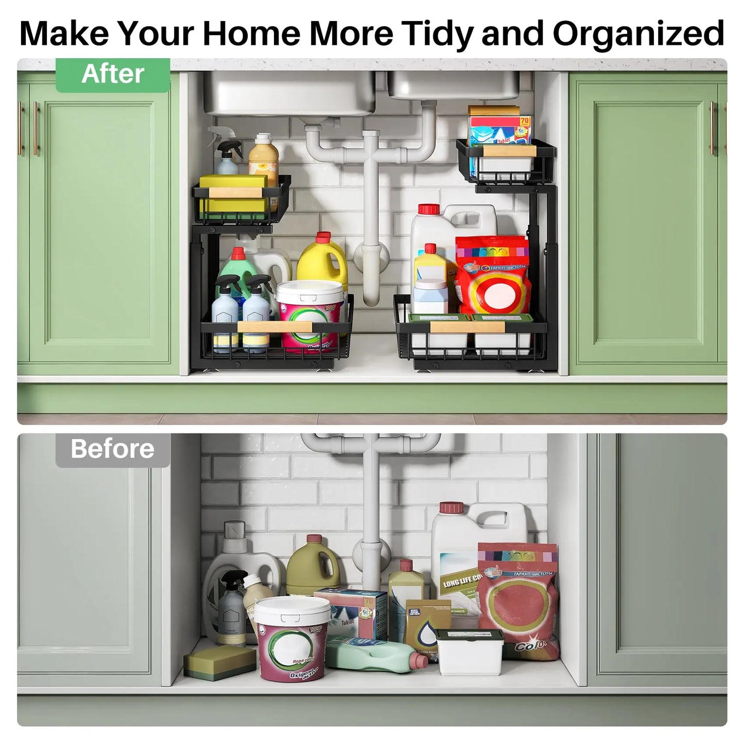 Kitstorack Under Sink Organizer, 2 Tier Under the Sink Storage, Slide out Pull out Cabinet Organizer Shelf, Metal Sliding Drawer for Kitchen Bathroom Pantry Closet Organization Rack, Black, 2 Pack Kitstorack