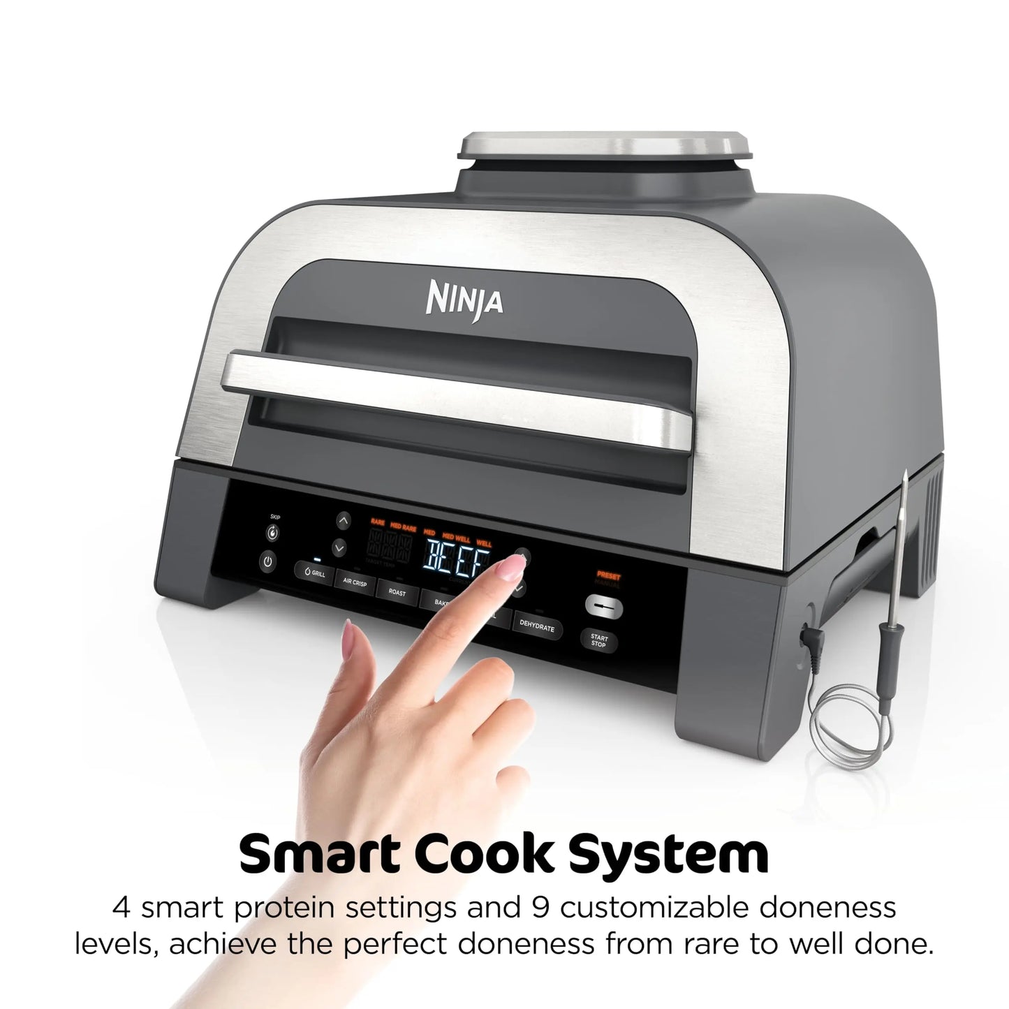 Ninja DG551 Foodi Smart XL 6-in-1 Indoor Grill with Air Fry, Roast, Bake, Broil, & Dehydrate, Foodi Smart Thermometer, 2nd Generation, Black/Silver Ninja