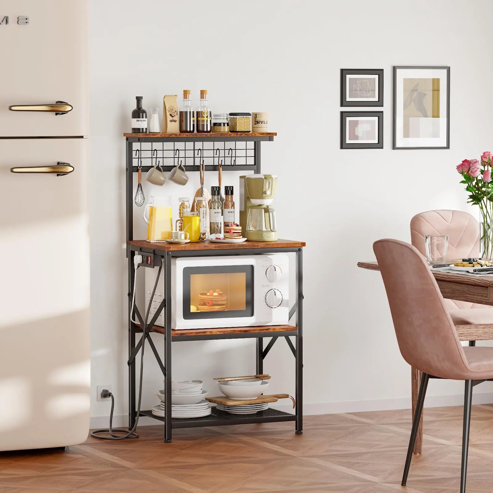 Furologee Kitchen Bakers Rack with Power Outlet, Microwave Oven Stand with Storage 4 Tiers, Coffee Bar Table with 6 S Hooks, Kitchen Storage Shelf Rack for Spices, Pots, Rustic Brown Furologee