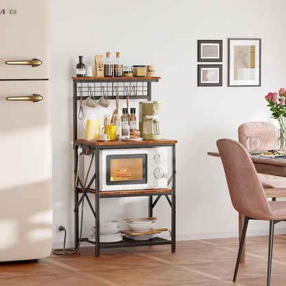 Furologee Kitchen Bakers Rack with Power Outlet, Microwave Oven Stand with Storage 4 Tiers, Coffee Bar Table with 6 S Hooks, Kitchen Storage Shelf Rack for Spices, Pots, Rustic Brown Furologee