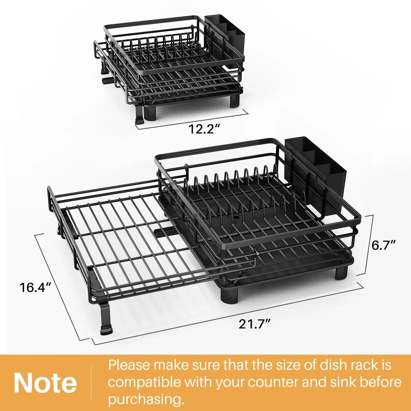 SNTD Dish Drying Rack - Extendable Dish Rack, Large Sink Drying Dish Drainer for Kitchen Counter, Stainless Steel Dish Strainer with Utensil Holder (Black) SNTD