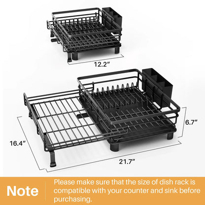 SNTD Dish Drying Rack - Extendable Dish Rack, Large Sink Drying Dish Drainer for Kitchen Counter, Stainless Steel Dish Strainer with Utensil Holder (Black) SNTD
