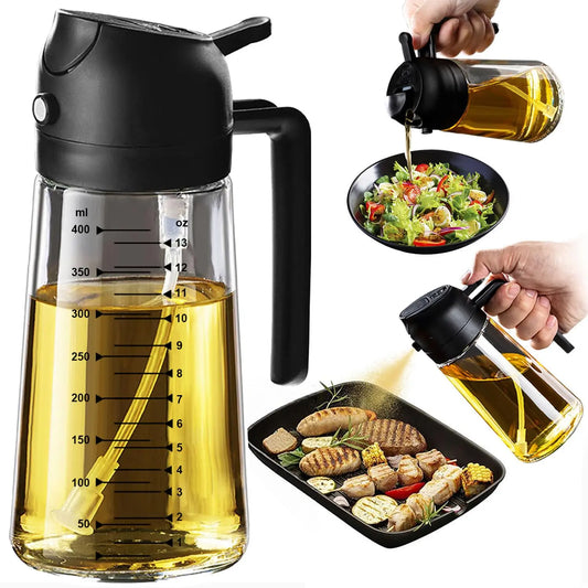 TrendPlain 16oz/470ml Glass Olive Oil Sprayer for Cooking – 2 in 1 Olive Oil Dispenser Bottle for Kitchen Gadgets and Air Fryer Accessories, Salad, BBQ - Black TrendPlain