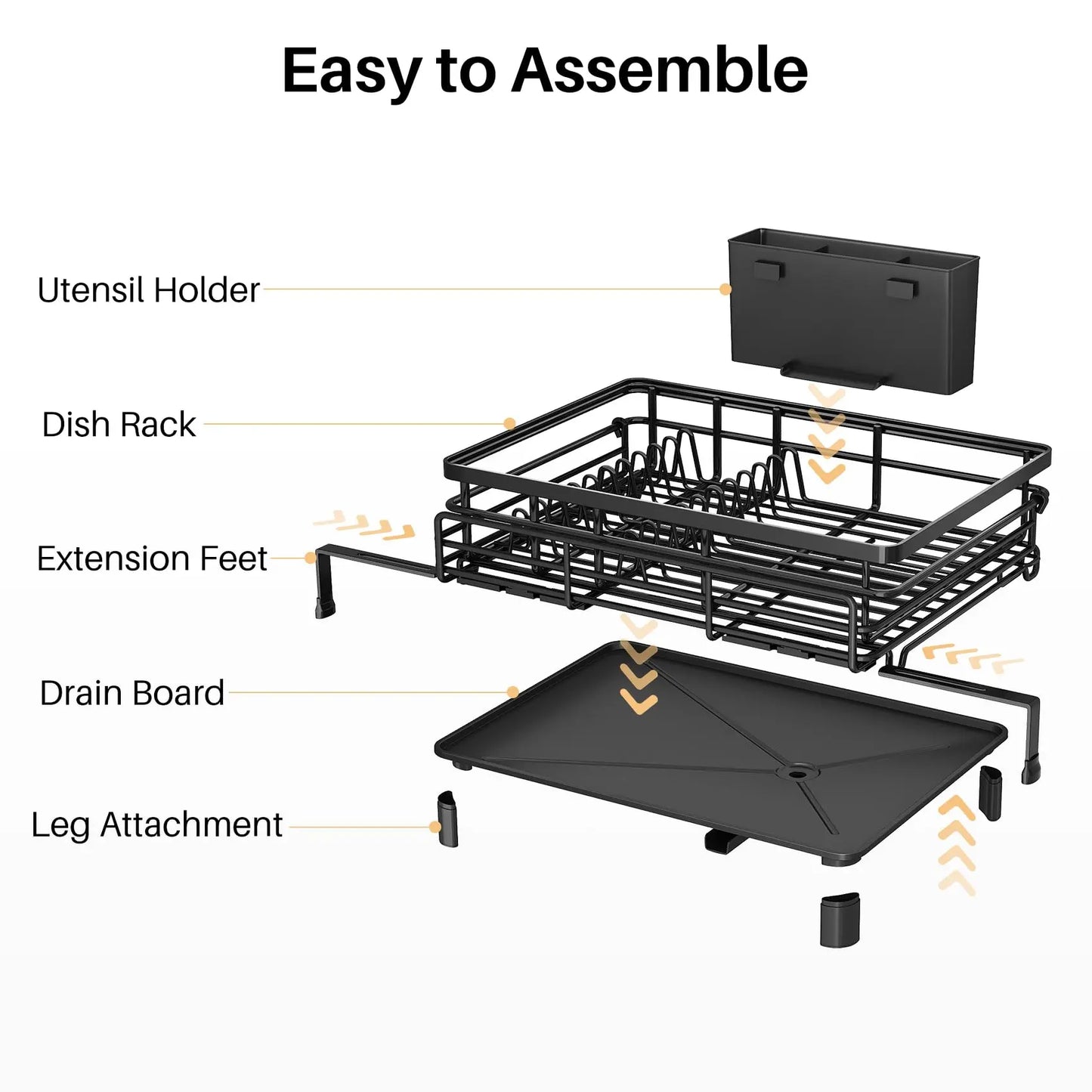 SNTD Dish Drying Rack - Extendable Dish Rack, Large Sink Drying Dish Drainer for Kitchen Counter, Stainless Steel Dish Strainer with Utensil Holder (Black) SNTD