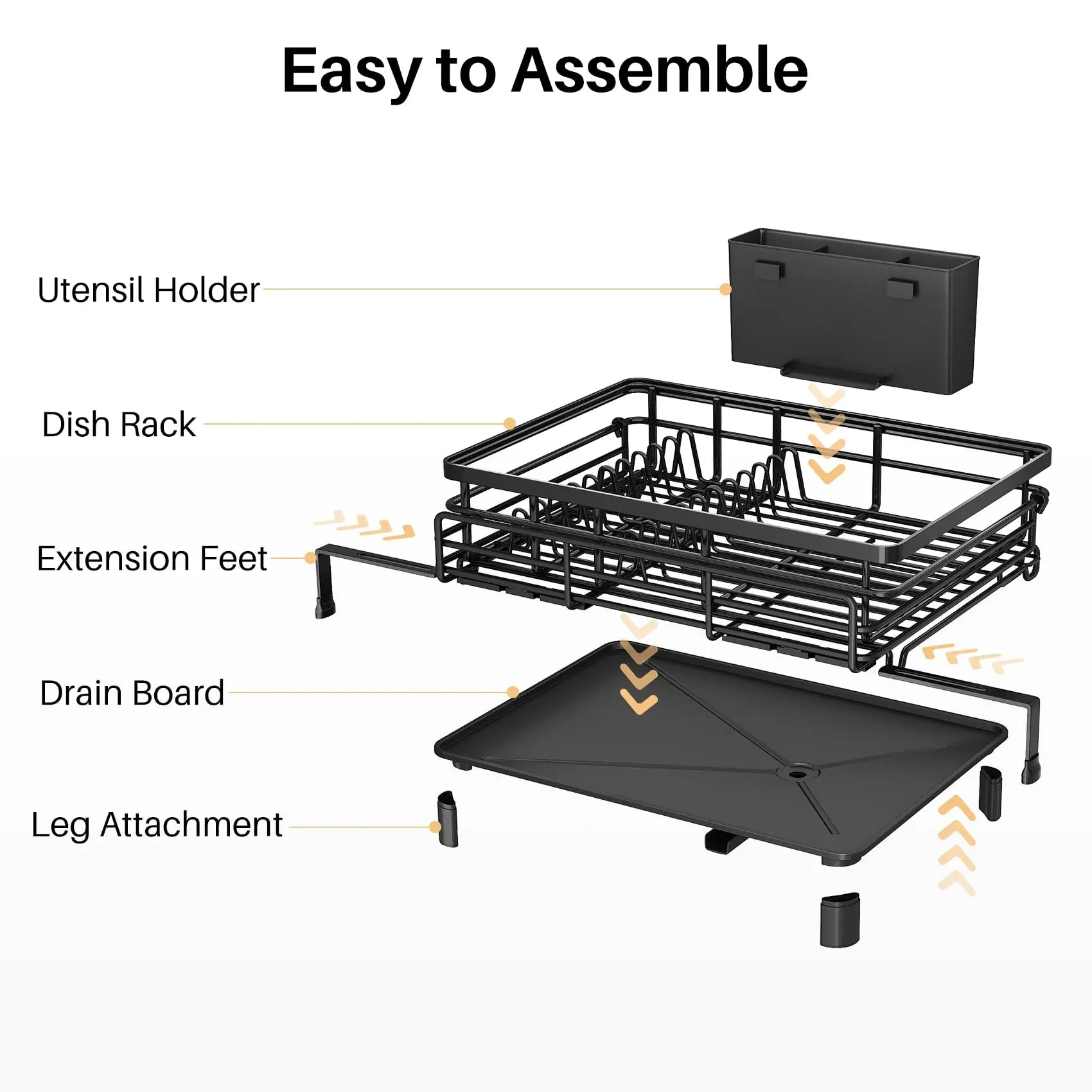 SNTD Dish Drying Rack - Extendable Dish Rack, Large Sink Drying Dish Drainer for Kitchen Counter, Stainless Steel Dish Strainer with Utensil Holder (Black) SNTD