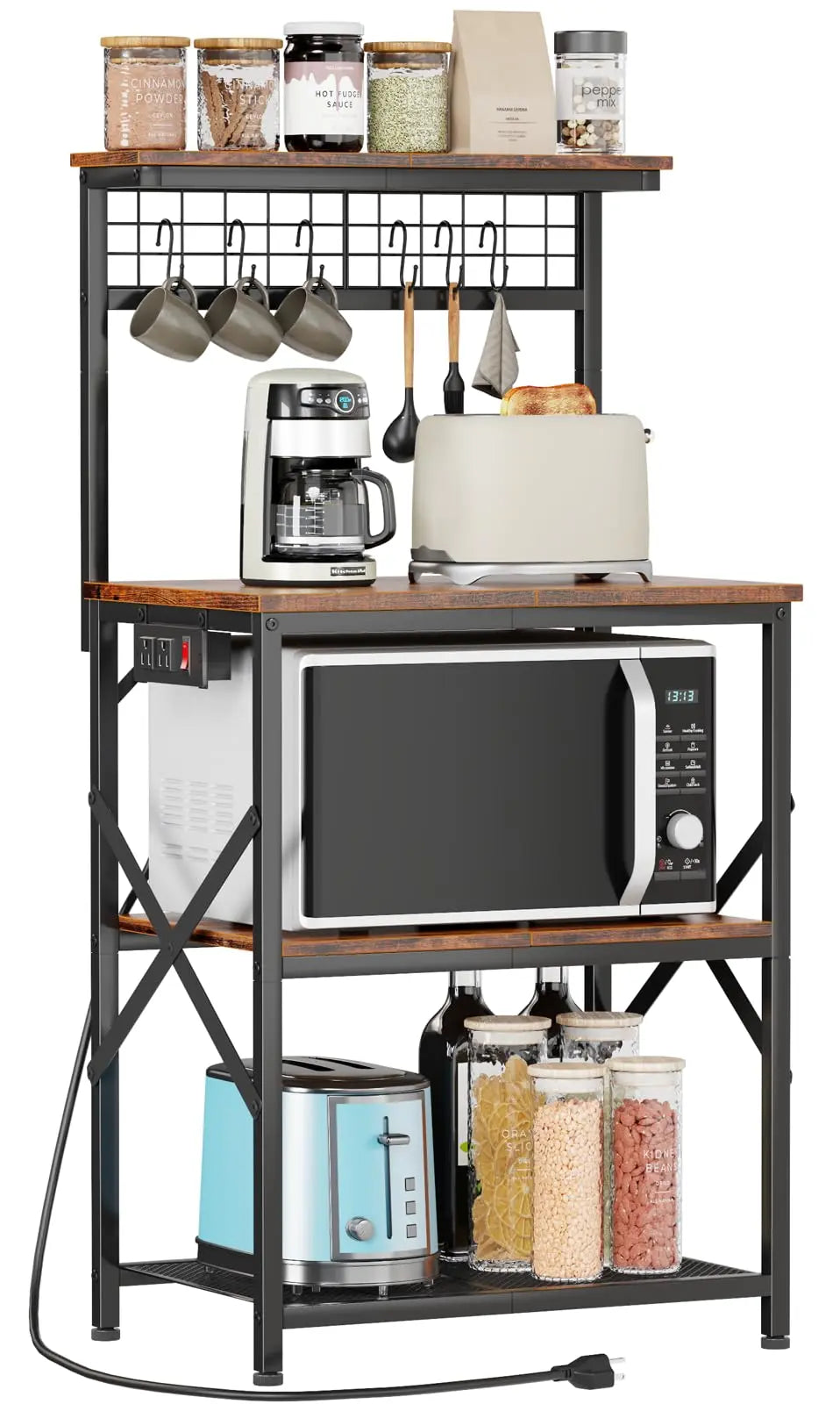 Furologee Kitchen Bakers Rack with Power Outlet, Microwave Oven Stand with Storage 4 Tiers, Coffee Bar Table with 6 S Hooks, Kitchen Storage Shelf Rack for Spices, Pots, Rustic Brown Furologee