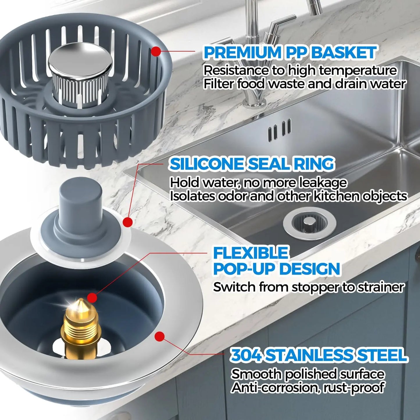 Sink Drain Strainer - Sink Stopper Kitchen Drain, 3 in 1 Kitchen Sink Drain Strainer with Anti-Clogging Basket, Kitchen Gadgets Clearance Sink Accessories, Fit US Standard 3-1/2'' Sink Hole, Silver zaa