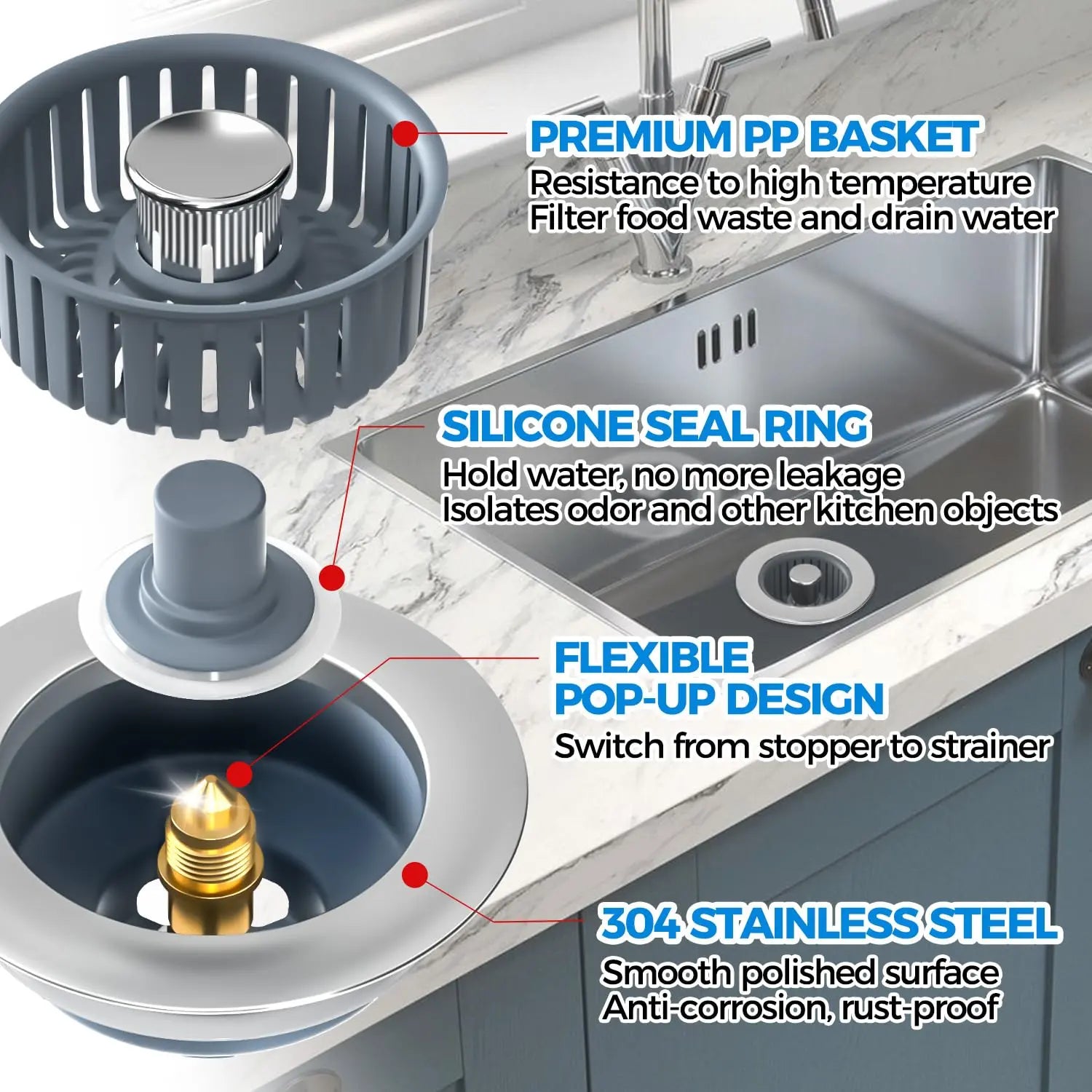 Sink Drain Strainer - Sink Stopper Kitchen Drain, 3 in 1 Kitchen Sink Drain Strainer with Anti-Clogging Basket, Kitchen Gadgets Clearance Sink Accessories, Fit US Standard 3-1/2'' Sink Hole, Silver zaa