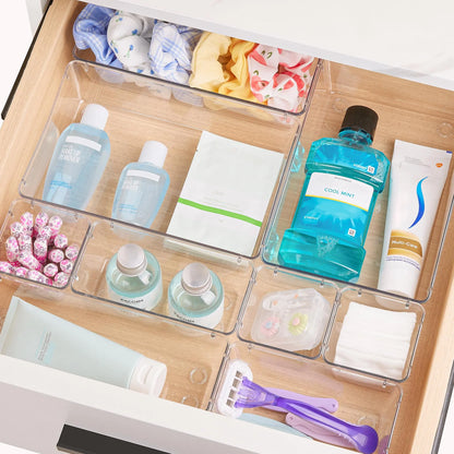 Vtopmart 25 PCS Clear Plastic Drawer Organizers Set, 4-Size Versatile Bathroom and Vanity Drawer Organizer Trays, Storage Bins for Makeup, Bedroom, Kitchen Gadgets Utensils and Office Vtopmart