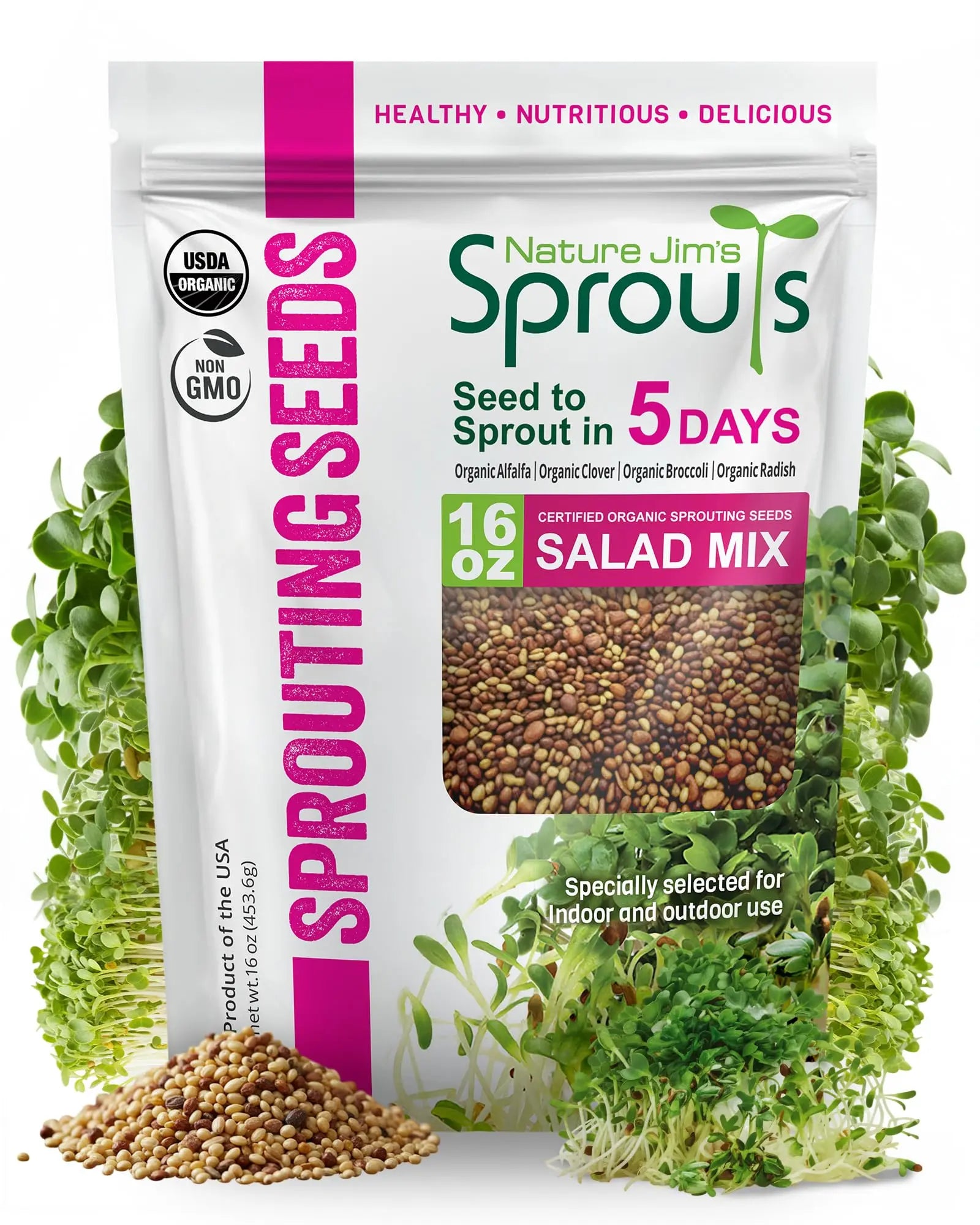 Nature Jims Sprouts Organic Salad Mix – Non-GMO Microgreen Seeds for Growing – Healthy Broccoli, Alfalfa, Radish & Clover Sprouting Variety Blend – Microgreens & Sprouts Seeds for Home Gardening – 1lb Nature Jims Sprouts