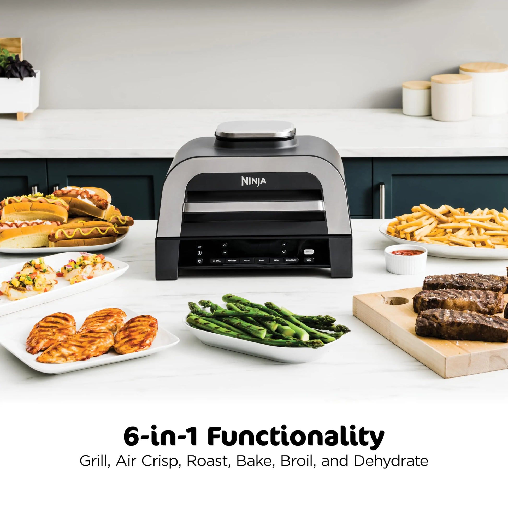 Ninja DG551 Foodi Smart XL 6-in-1 Indoor Grill with Air Fry, Roast, Bake, Broil, & Dehydrate, Foodi Smart Thermometer, 2nd Generation, Black/Silver Ninja
