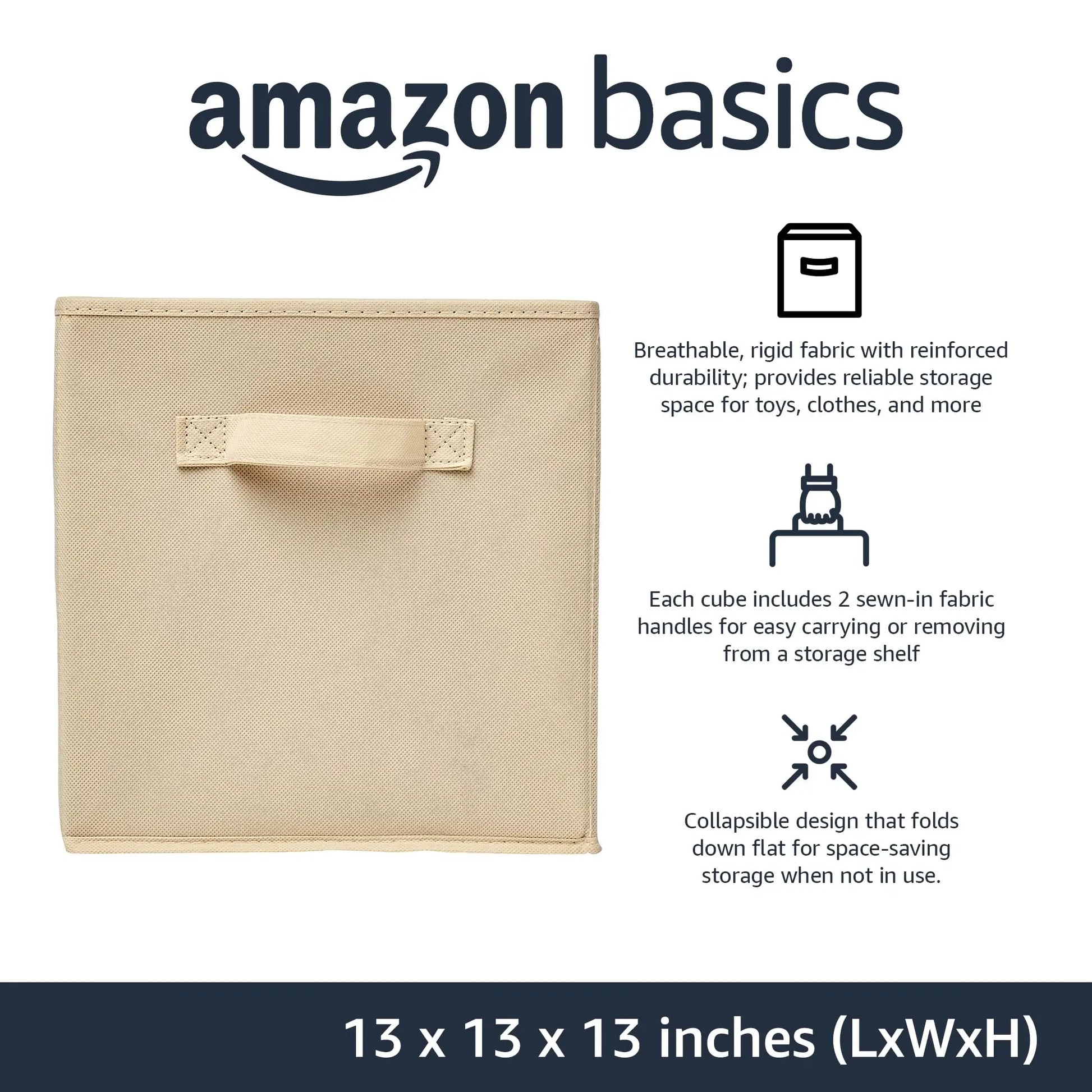 Amazon Basics Collapsible Fabric Storage Cube Bins Organizer with Handles, Sturdy, Beige, 13-x-13-x-13-inch, Pack of 6 Amazon Basics