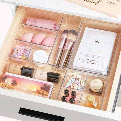 Vtopmart 25 PCS Clear Plastic Drawer Organizers Set, 4-Size Versatile Bathroom and Vanity Drawer Organizer Trays, Storage Bins for Makeup, Bedroom, Kitchen Gadgets Utensils and Office Vtopmart