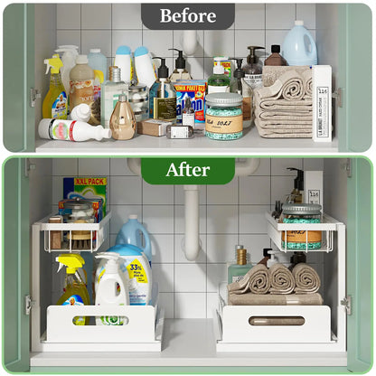 REALINN Under Sink Organizer, Pull Out Cabinet Organizer 2 Tier Slide Out Sink Shelf Cabinet Storage Shelves, Storage for Kitchen Bathroom, White, 2 Pack REALINN