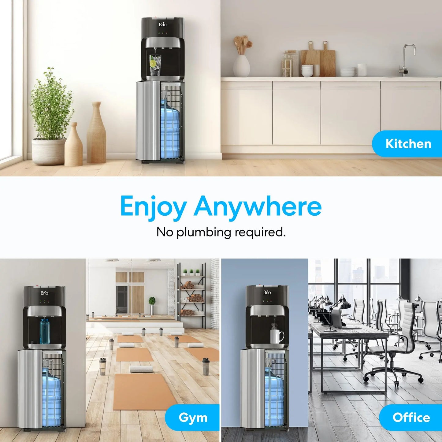 Brio Bottom Loading Water Cooler Dispenser for 5 Gallon Bottles - 3 Temperatures with Hot, Room & Cold Spouts, Child Safety Lock, LED Display with Empty Bottle Alert, Stainless Steel Brio
