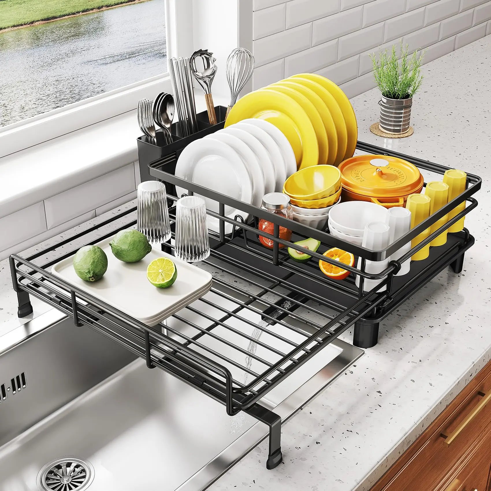 SNTD Dish Drying Rack - Extendable Dish Rack, Large Sink Drying Dish Drainer for Kitchen Counter, Stainless Steel Dish Strainer with Utensil Holder (Black) SNTD