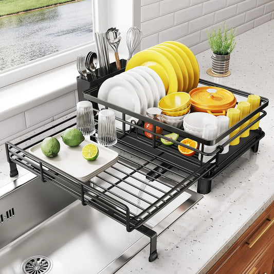 SNTD Dish Drying Rack - Extendable Dish Rack, Large Sink Drying Dish Drainer for Kitchen Counter, Stainless Steel Dish Strainer with Utensil Holder (Black) SNTD