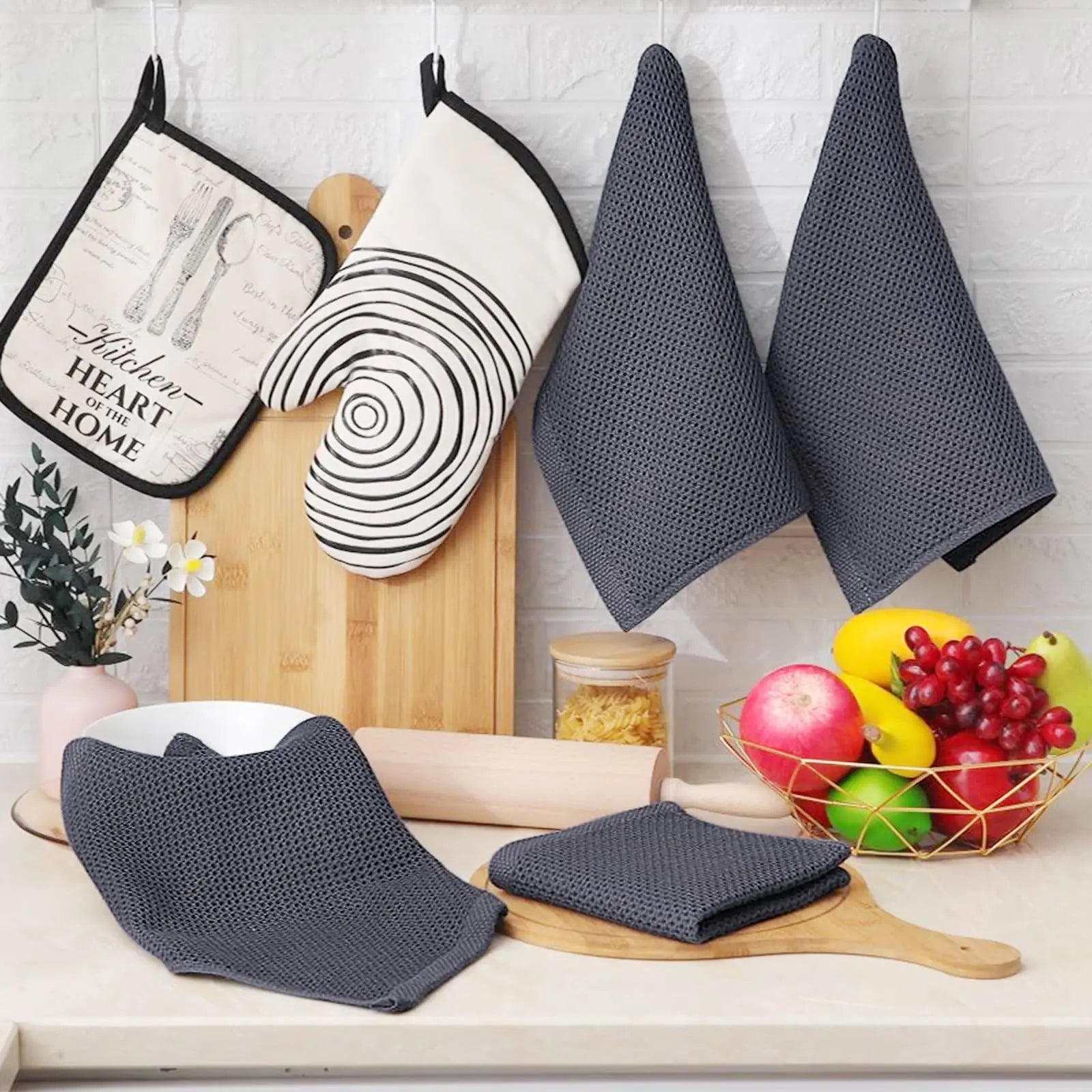 Homaxy 100% Cotton Waffle Weave Kitchen Dish Cloths, Ultra Soft Absorbent Quick Drying Dish Towels, 12 x 12 Inches, 6-Pack, Dark Grey Homaxy