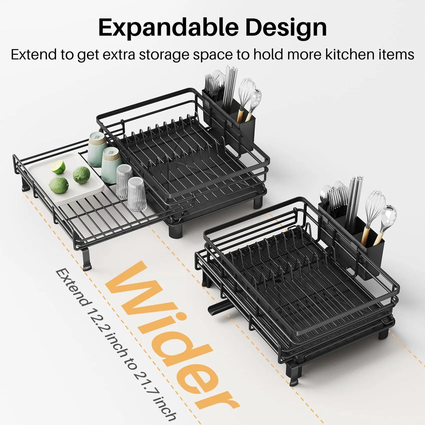 SNTD Dish Drying Rack - Extendable Dish Rack, Large Sink Drying Dish Drainer for Kitchen Counter, Stainless Steel Dish Strainer with Utensil Holder (Black) SNTD