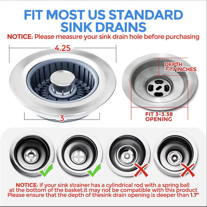 Sink Drain Strainer - Sink Stopper Kitchen Drain, 3 in 1 Kitchen Sink Drain Strainer with Anti-Clogging Basket, Kitchen Gadgets Clearance Sink Accessories, Fit US Standard 3-1/2'' Sink Hole, Silver zaa