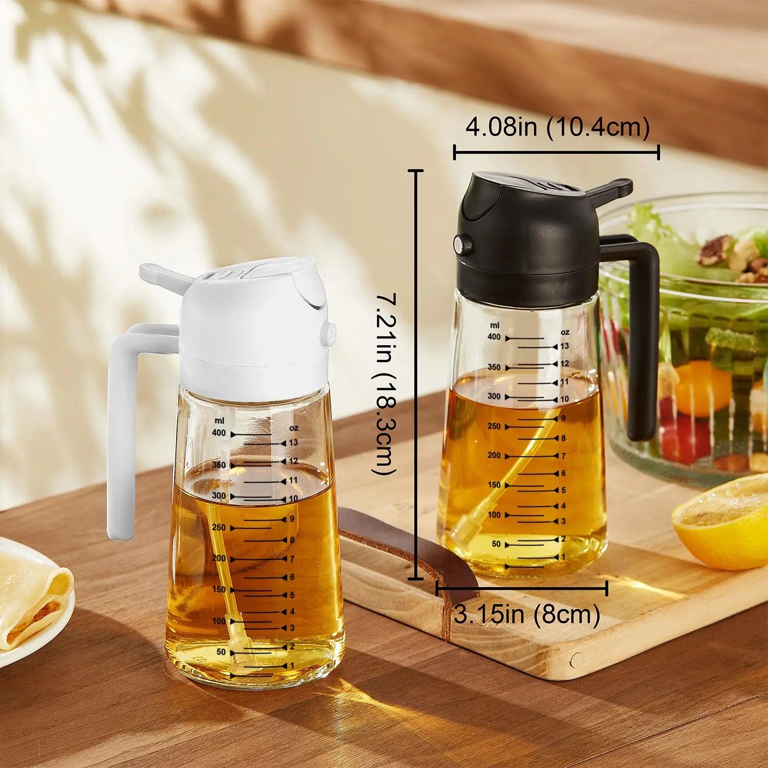 TrendPlain 16oz/470ml Glass Olive Oil Sprayer for Cooking – 2 in 1 Olive Oil Dispenser Bottle for Kitchen Gadgets and Air Fryer Accessories, Salad, BBQ - Black TrendPlain