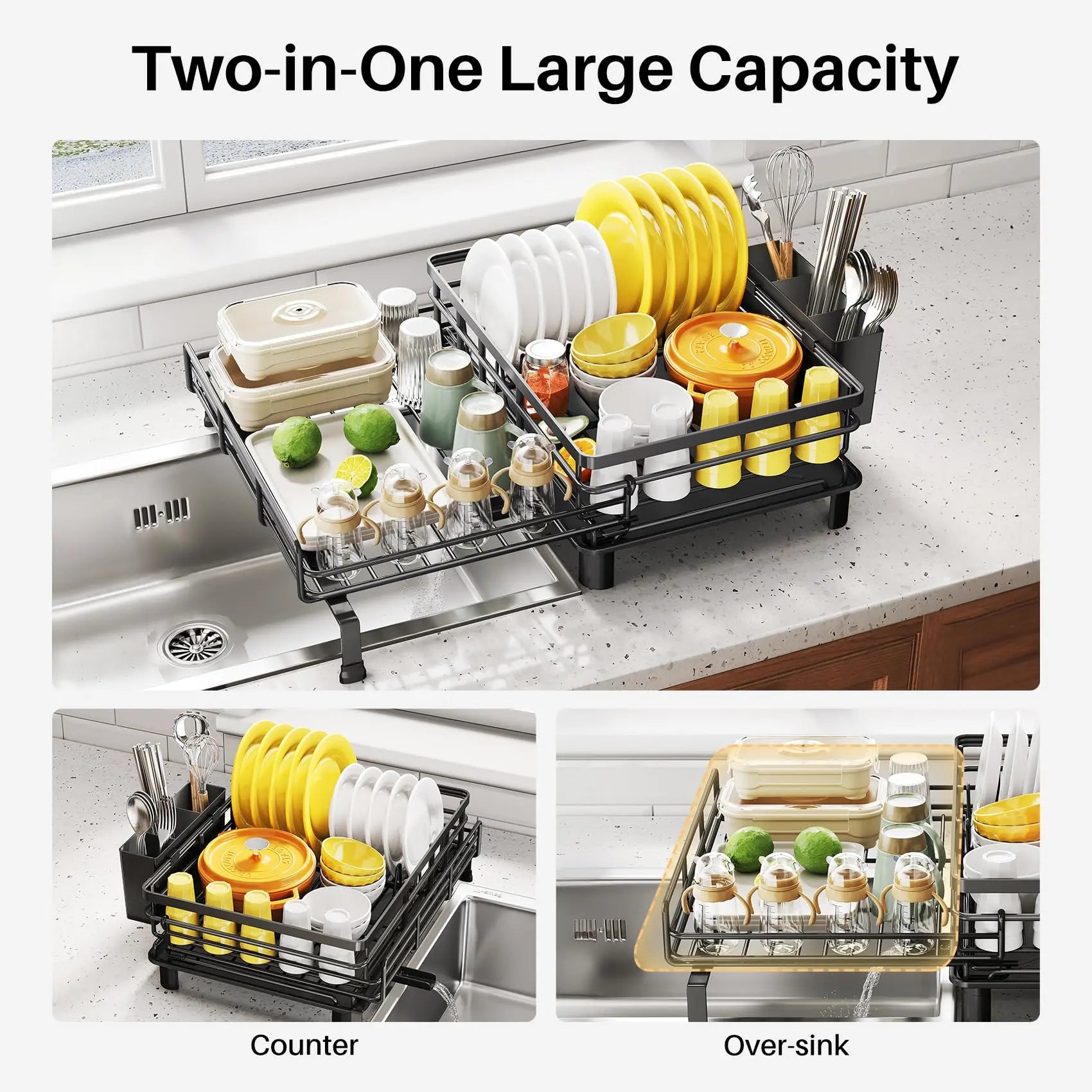 SNTD Dish Drying Rack - Extendable Dish Rack, Large Sink Drying Dish Drainer for Kitchen Counter, Stainless Steel Dish Strainer with Utensil Holder (Black) SNTD