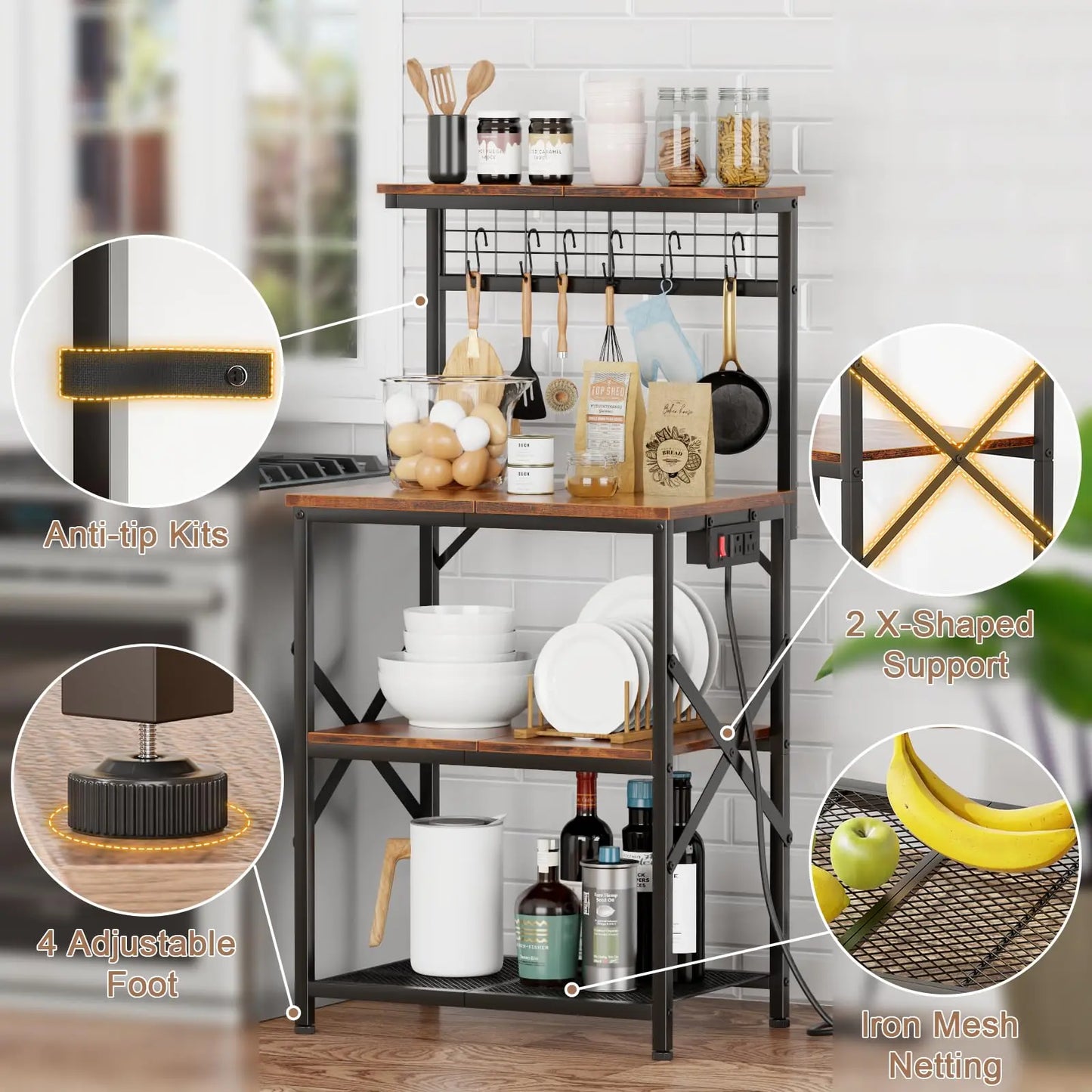 Furologee Kitchen Bakers Rack with Power Outlet, Microwave Oven Stand with Storage 4 Tiers, Coffee Bar Table with 6 S Hooks, Kitchen Storage Shelf Rack for Spices, Pots, Rustic Brown Furologee