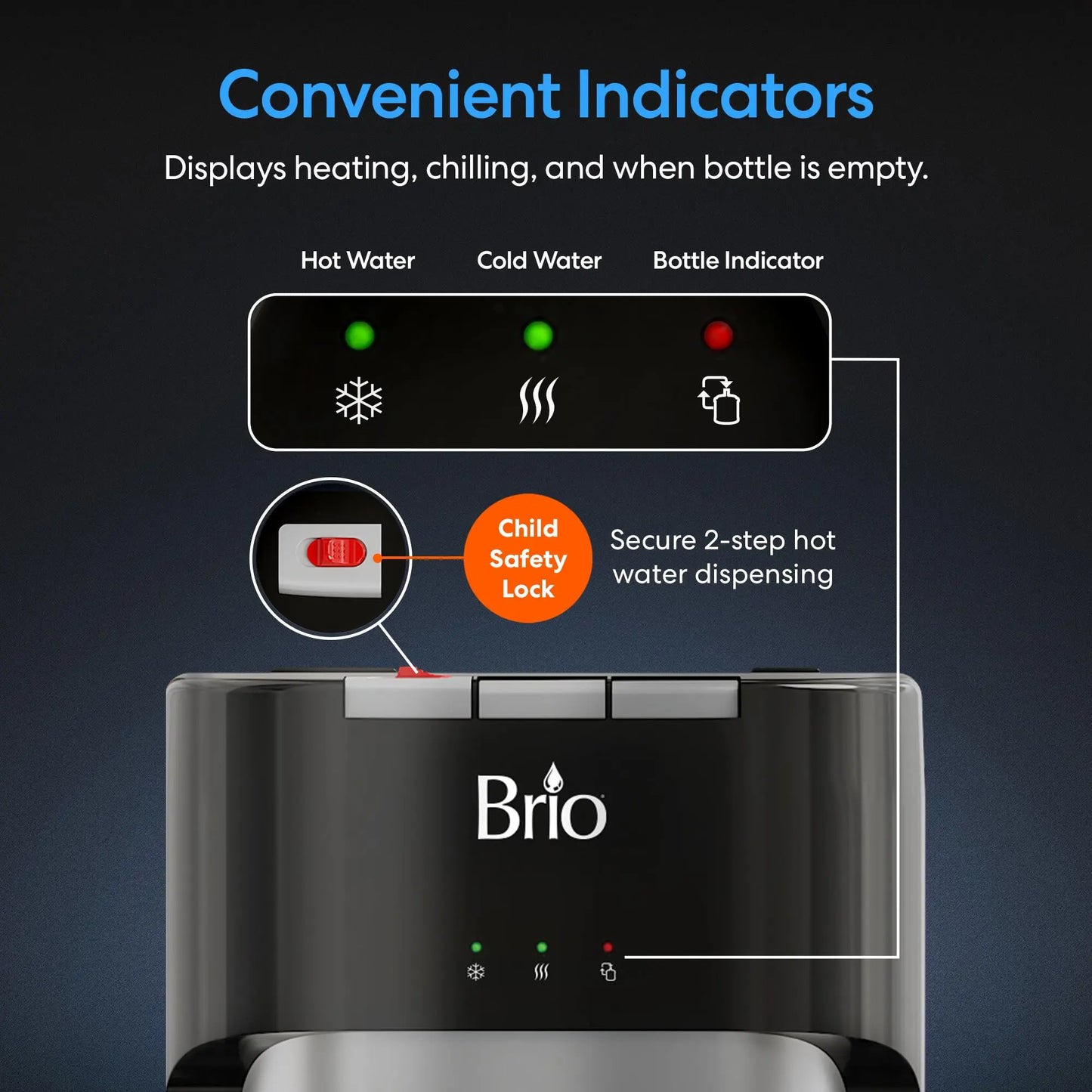 Brio Bottom Loading Water Cooler Dispenser for 5 Gallon Bottles - 3 Temperatures with Hot, Room & Cold Spouts, Child Safety Lock, LED Display with Empty Bottle Alert, Stainless Steel Brio